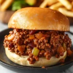 Easy Sloppy Joe Recipe 3 Ingredients 7 Close-up of a sloppy joe sandwich made with ground beef, ketchup, mustard, and brown sugar, served on a toasted hamburger bun