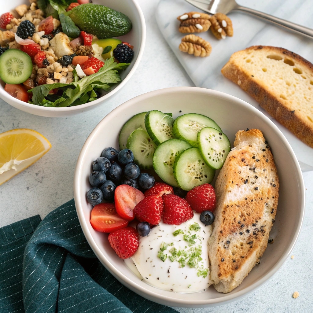 A beautiful flat-lay photo of various Mediterranean-inspired foods: fresh vegetables like tomatoes and cucumbers, a small bowl of hummus, a piece of baked salmon, and a few whole-grain crackers, arranged neatly on a wooden cutting board.