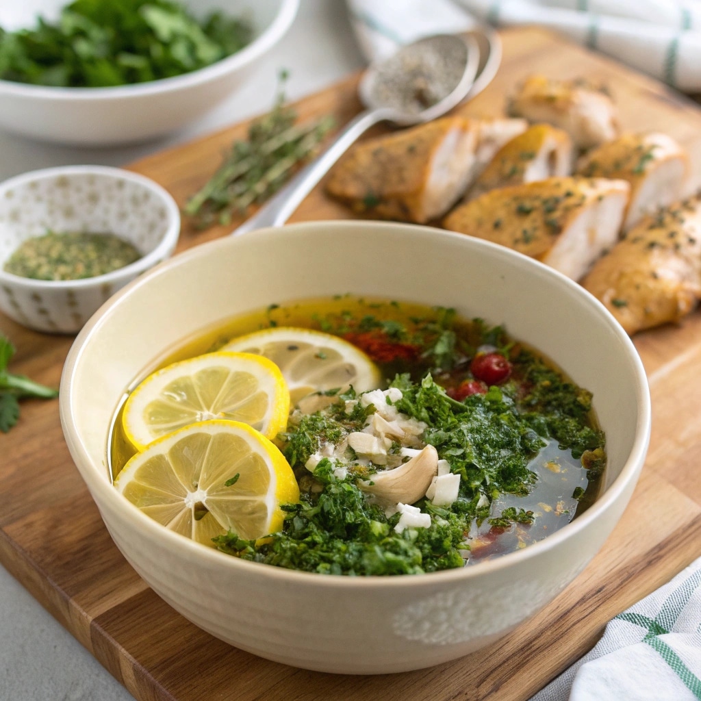A close-up shot of raw chicken breasts marinating in a glass bowl with a yellow liquid, minced garlic, and fresh herbs, with a fresh lemon cut in half in the background.