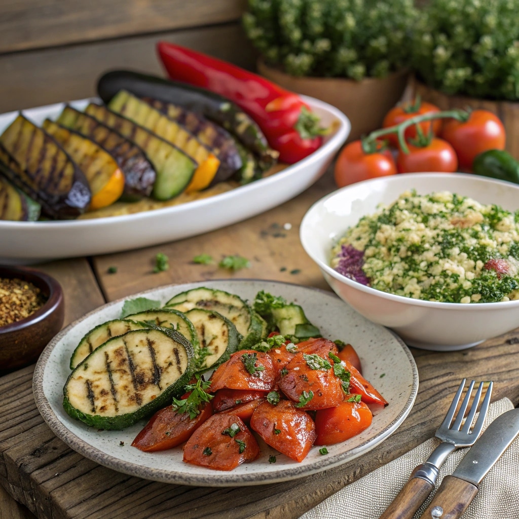 A collection of three vibrant Mediterranean vegetable side dishes served on a large wooden platter. The dishes include simple roasted vegetables, a fresh tomato and cucumber salad, and a bowl of warm green beans with almonds.