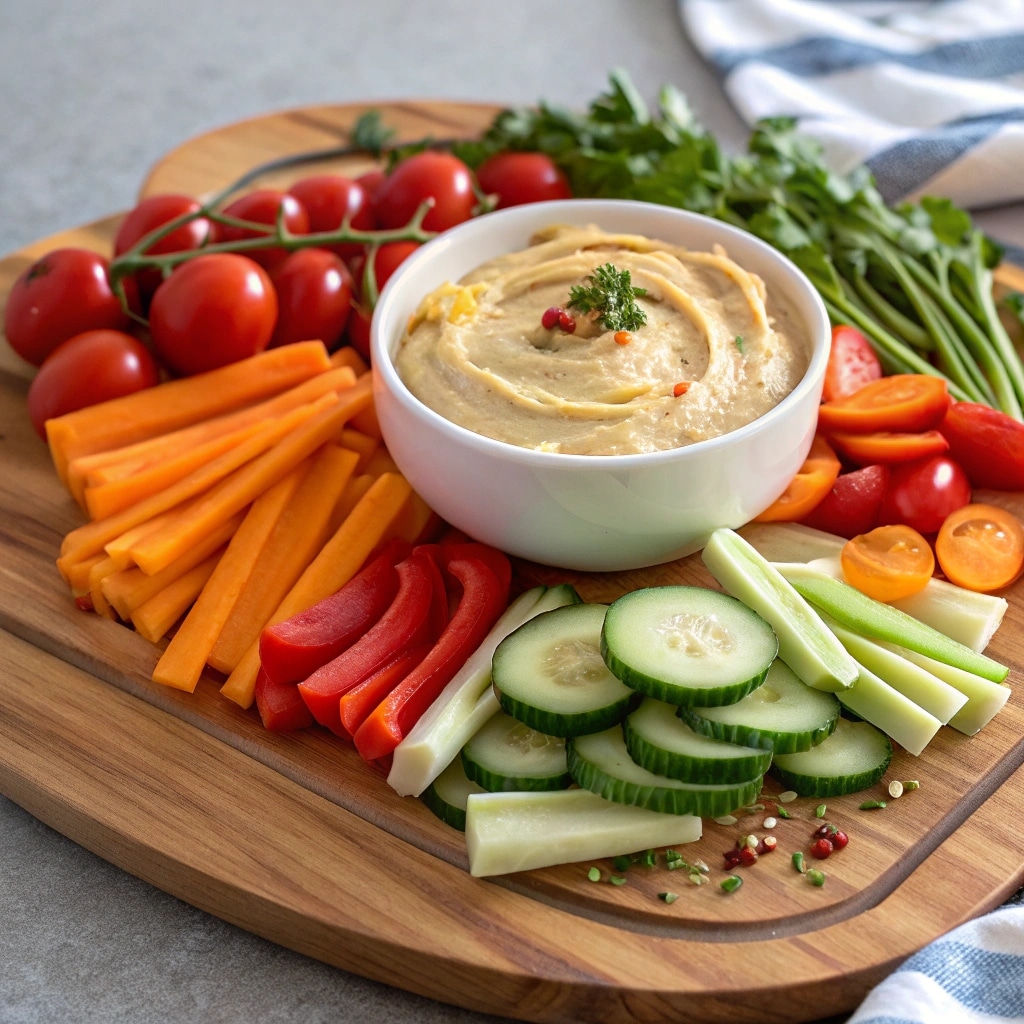 A vibrant hummus and veggie platter on a large wooden board. The platter features a bowl of hummus surrounded by arranged piles of fresh carrot sticks, cucumber slices, red bell pepper strips, and whole-grain crackers.