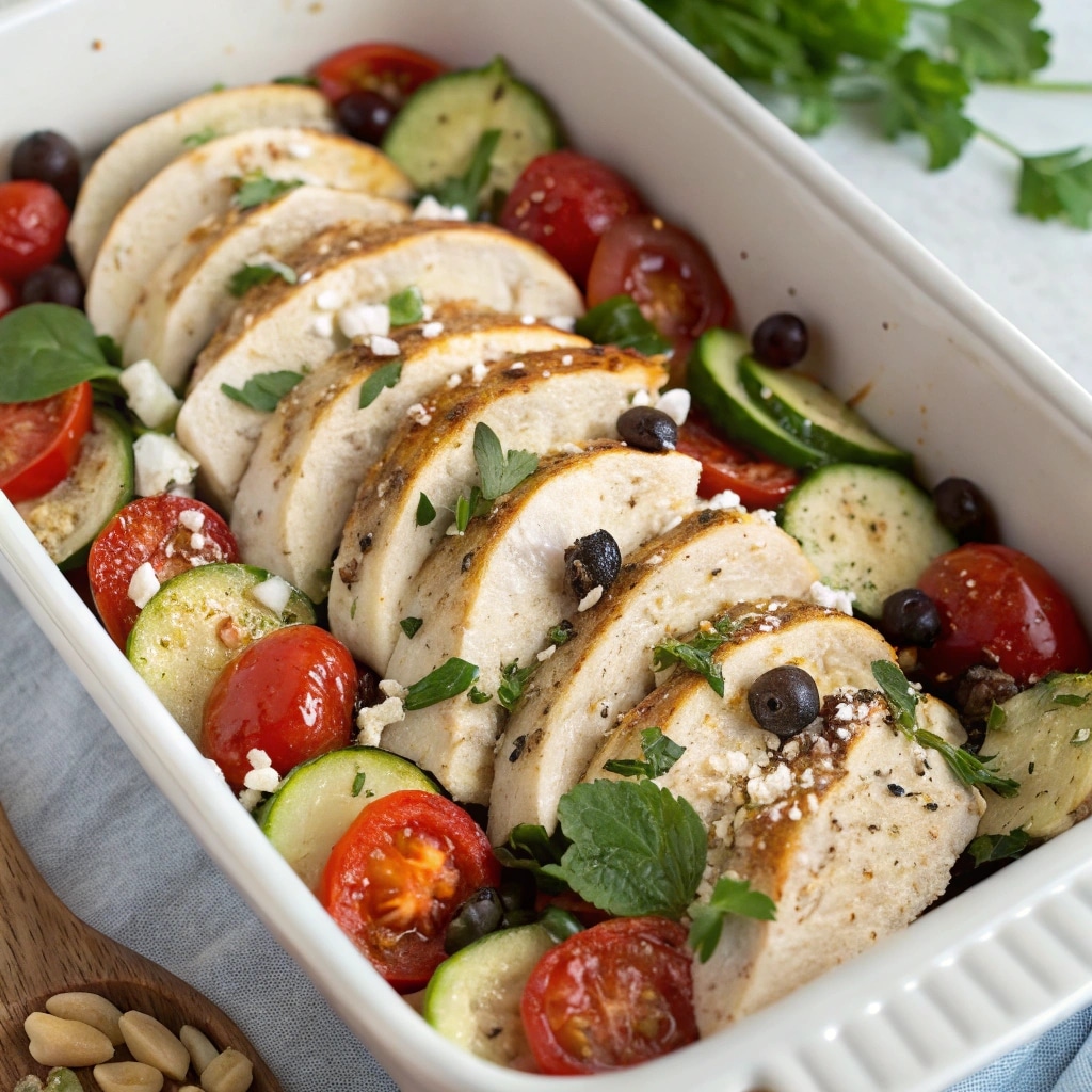 A flat-lay shot of all the ingredients for the Mediterranean Chicken Zucchini Bake laid out on a clean white surface. The ingredients include boneless chicken breasts, sliced zucchini, a bowl of cherry tomatoes, a jar of olives, a block of feta, and fresh herbs.