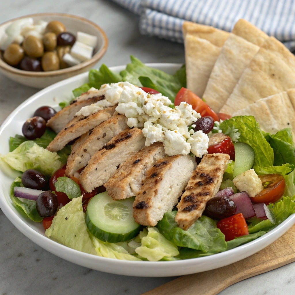 mediterranean chicken salad 1 A rustic white bowl filled with Mediterranean Chicken Salad, showing shredded chicken mixed with diced cucumber, halved cherry tomatoes, black olives, and crumbled feta cheese. The salad is glistening with vinaigrette.