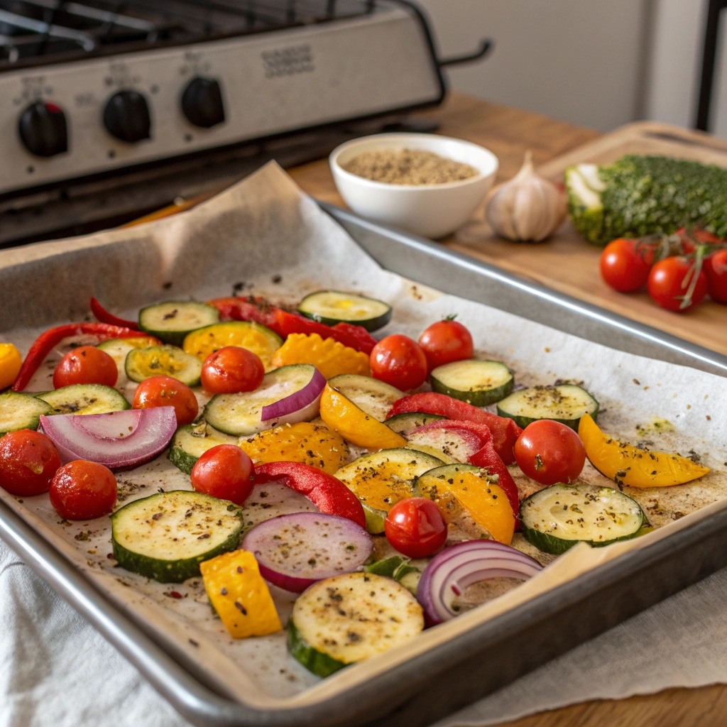 An overhead shot of a bowl of Mediterranean quinoa salad with diced cucumbers, red onions, and tomatoes, topped with feta cheese and olives.