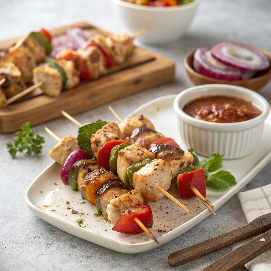 mediterranean chicken kabobs 1 A platter of grilled Mediterranean Chicken Kabobs with pieces of chicken, zucchini, and red onion, all perfectly charred and glistening with marinade.