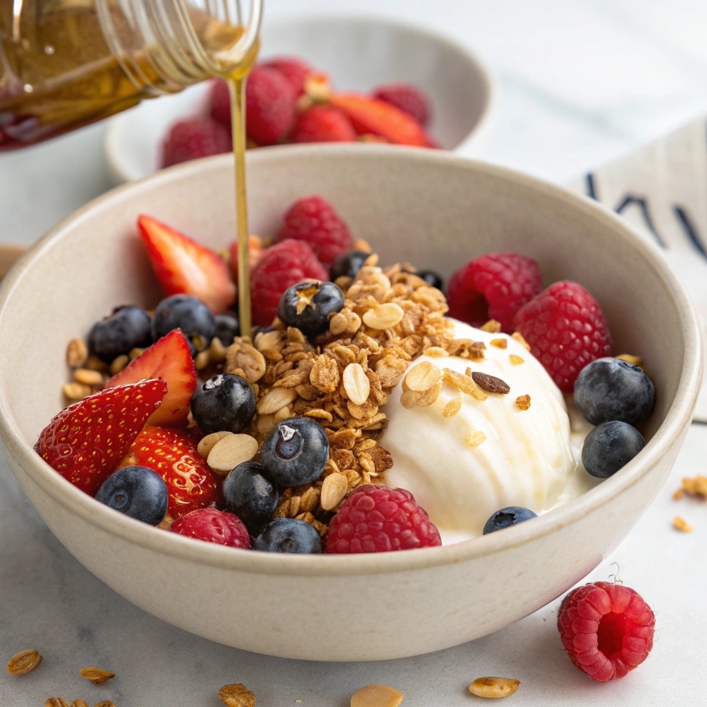Greek Yogurt Bowl with Berries & Honey 1 An overhead flat-lay shot of the key ingredients for the bowl: a small bowl of plain Greek yogurt, a pile of mixed fresh berries, a jar of honey, and a bowl of assorted nuts.