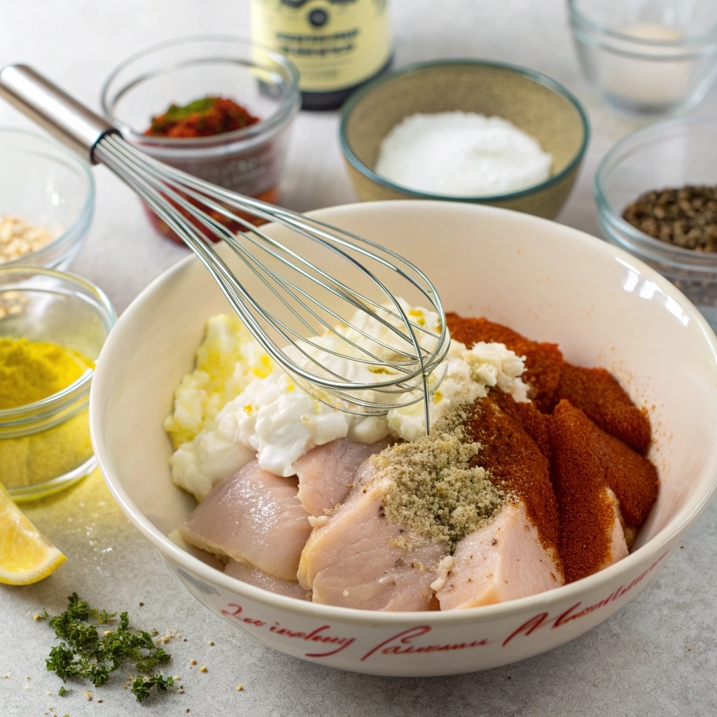 mediterranean chicken marinade yogurt 1 Grilled chicken breasts with visible grill marks, glazed with a creamy yogurt marinade and sprinkled with fresh herbs. The chicken appears incredibly tender and juicy.