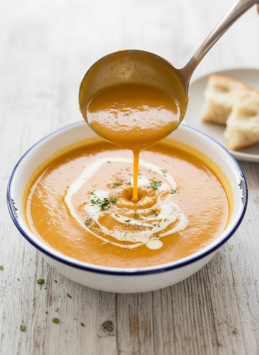 Creamy Pumpkin Soup with Canned Pumpkin 2 A creamy pumpkin soup in a white bowl being gently swirled with cream, garnished with herbs.