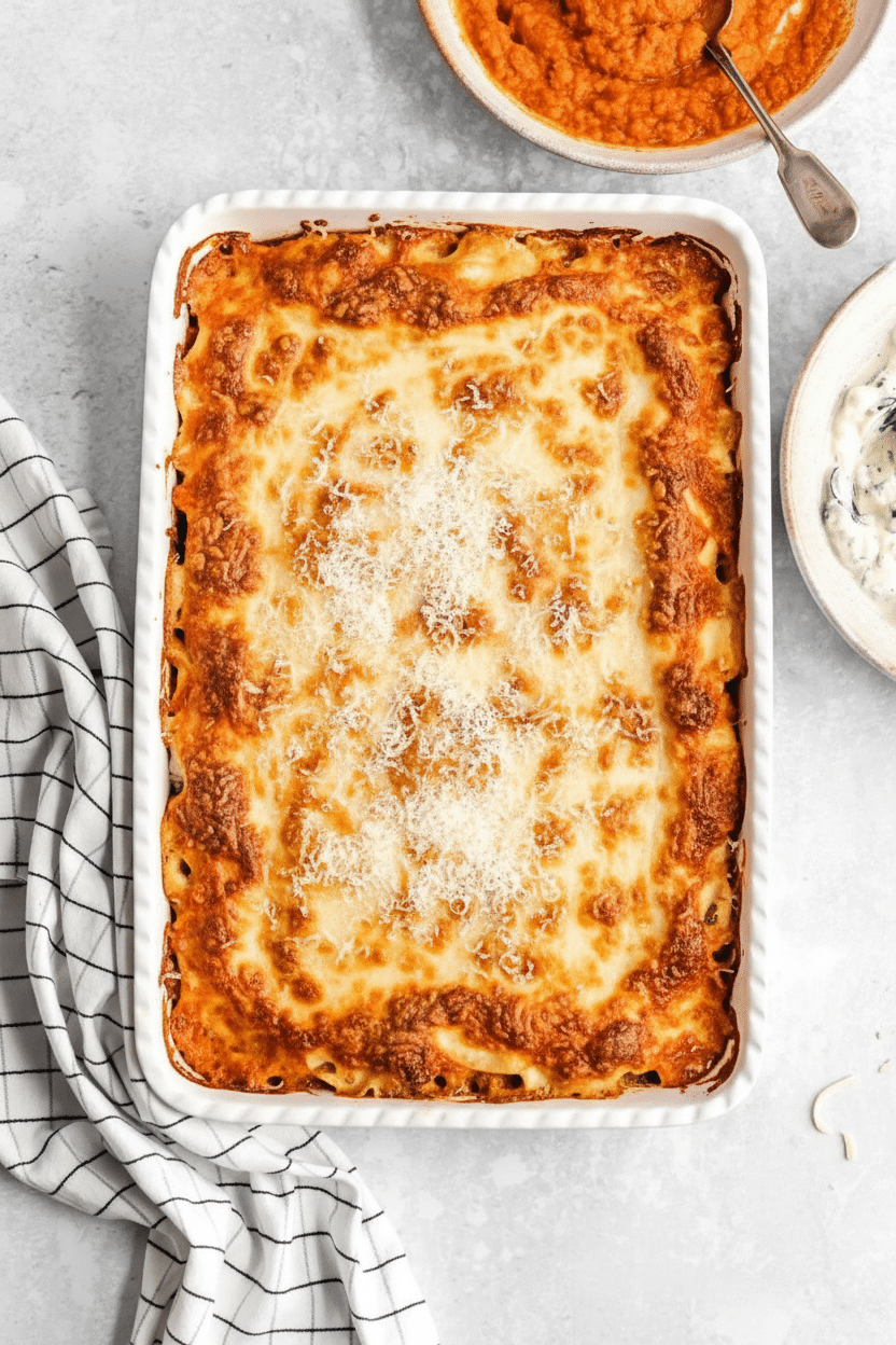 Lasagna in a white baking dish with melted cheese and a grated Parmesan topping, served with marinara and a white herb sauce nearby.