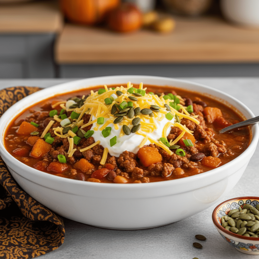 Bowl of hearty pumpkin chili with ground meat, beans, shredded cheese, sour cream, green onions, and roasted pumpkin seeds, served with a spoon.