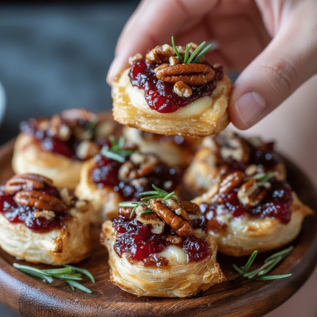Baked Cranberry Brie Bites Recipe - Easy 25min Appetizer 2 Baked Cranberry Brie Bites appetizer on a white platter drizzled with honey and thyme for holiday party.